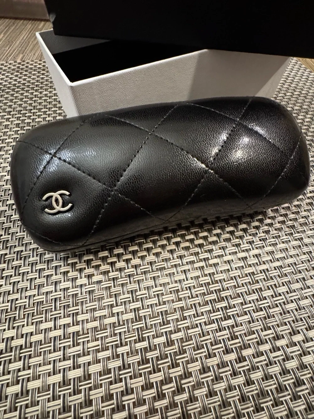 CHANEL Black Quilted Leather Sunglasses Case with Silver CC